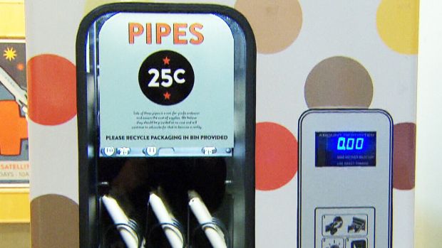 A vending machine in Vancouver, Canada offers clean crack pipes for a quarter in order to make drug use healthier.
 (Courtesy of Media Anarchist)