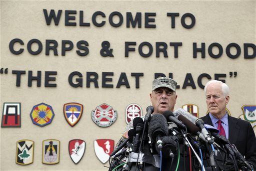 Eric Gay/AP, Lt. Gen. Mark Milley, the senior officer at Fort Hood, and Sen. John Cornyn (R-TX) address the media after the shootings.(Courtesy of Flickr)