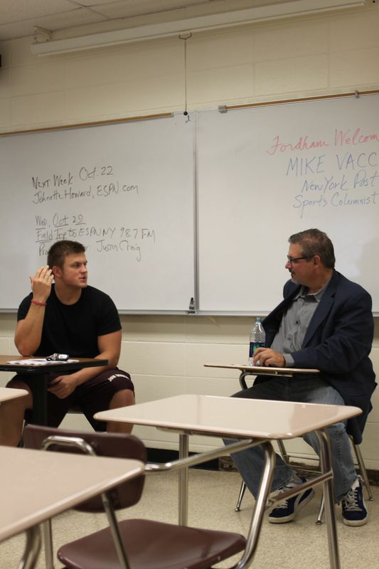Mike Vaccaro spoke with students about how he developed his writing craft.
(Anthony Pucik/The Ram)