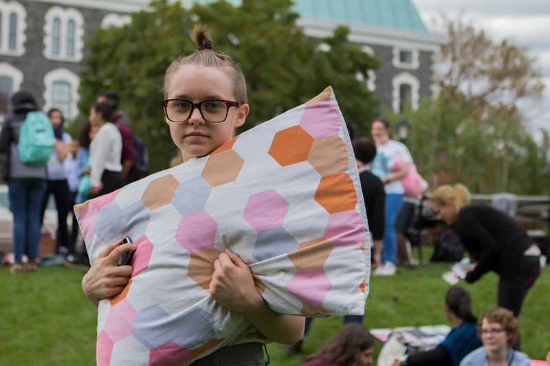 Rowan Hornbeck, FCRH  ‘18, was one of the students to carry a pillow last week. Christian Wiloejo/The Ram