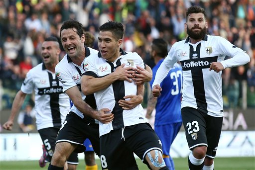 Jose Mauri celebrates the lone goal of the match against Juventus. AP Photo/ Serena Campanini