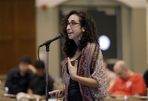 Yaeli Steinberg, a recent graduate from the University of California, Davis, speaks during a public forum on how best to deal with intolerance at the University of California on the campus at UCLA Monday, Oct. 26, 2015. Students, professors and activists spoke, with some Jewish groups arguing the schools should adopt a policy with a more precise definition of anti-Semitism and others saying it would stifle free speech.(AP Photo/Nick Ut)