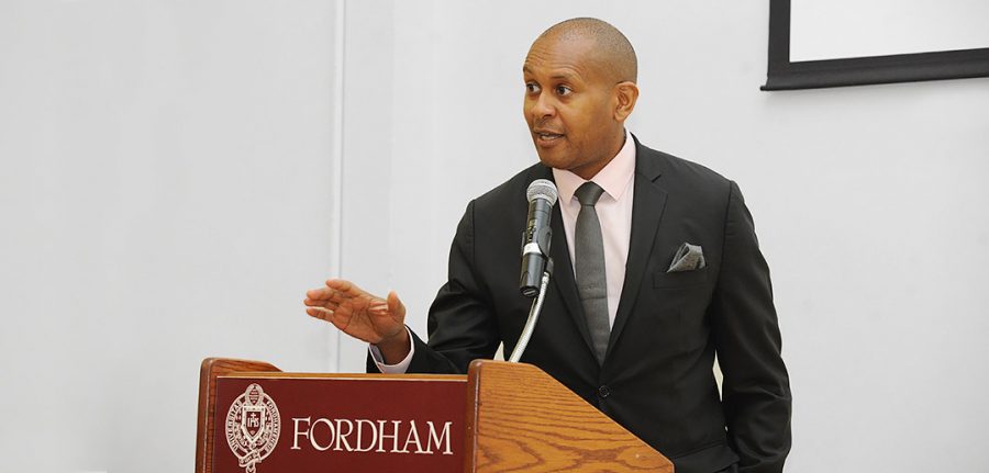 Keynote Speaker, Kevin Powell, addresses the Fordham community, discussing his upbringing, his path to success and the importance of diversity. Ram Archives