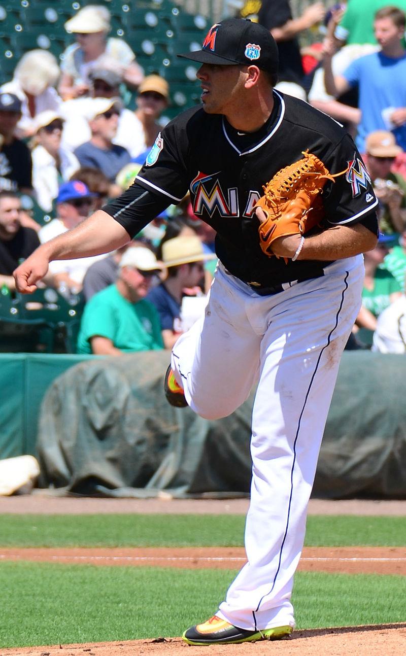 Miami Marlins pitcher Jose Fernandez holds his National League All