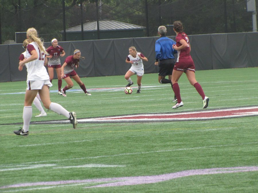 Nicol Natale works in front of multiple St. Josephs defenders during the Rams game on Sunday. (Alexis Mollica/The Fordham Ram). 