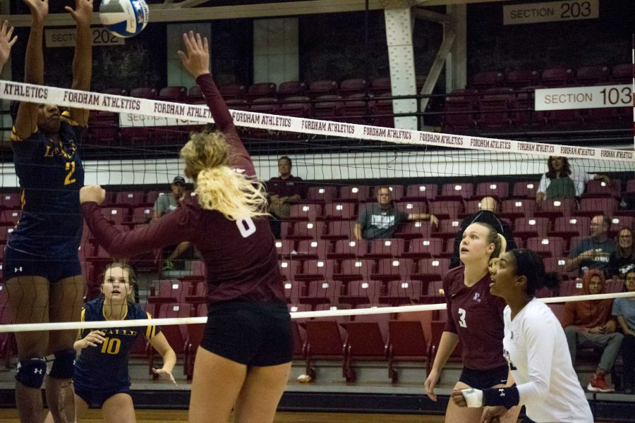 Molly Oshinski nearly saved Fordham’s third set against URI, but came up short. (Andrea Garcia/The Fordham Ram)