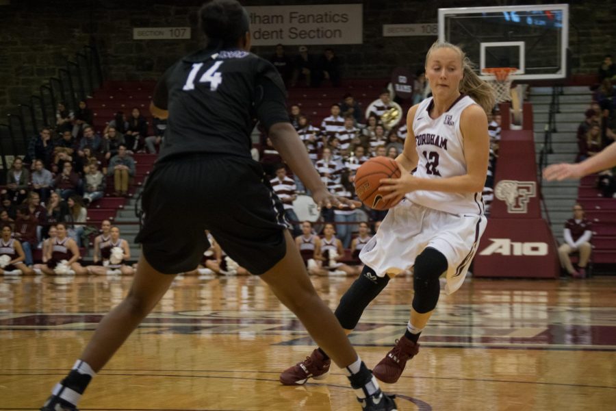 Asnate Fomina drives the lane against Furman in Friday’s season opener. (Andrea Garcia/The Fordham Ram)