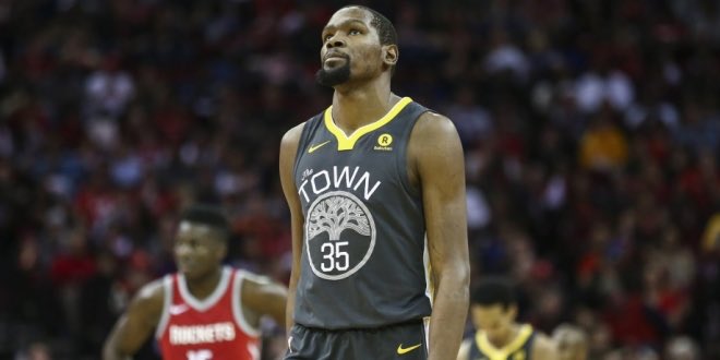 Kevin Durant and the Warriors lost 116-108 to the Rockets on Saturday. (Courtesy of Twitter)
