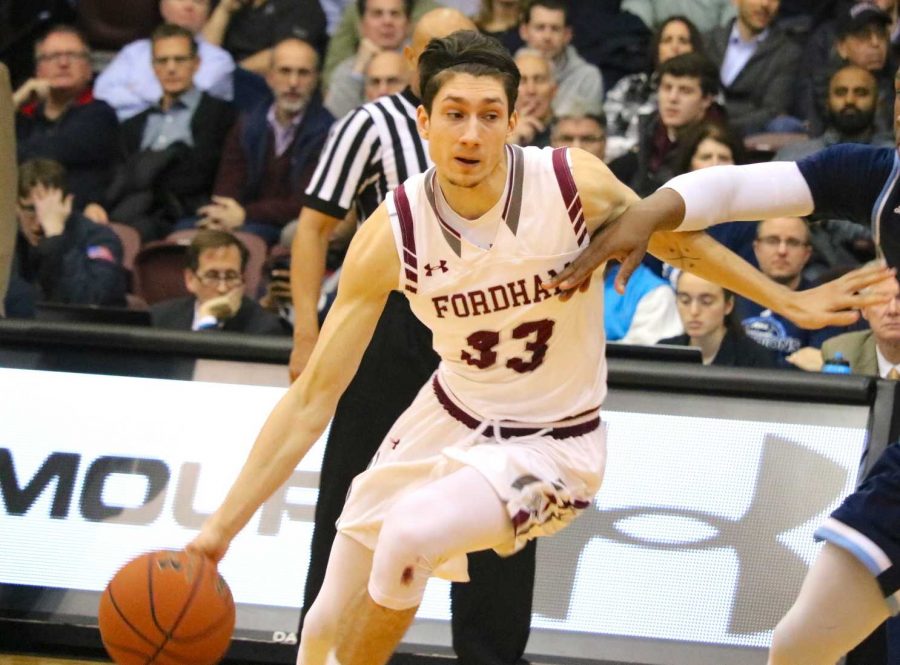 Fordham’s David Pekarek drives in the paint. Fordham has won three of its last four games.