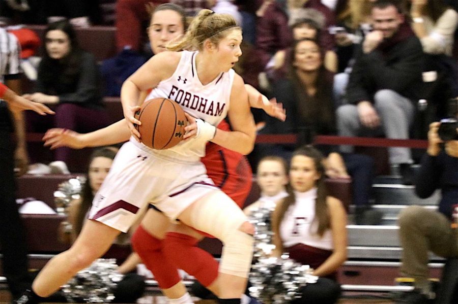 Mary Goulding (above) makes a move to the basket.  Fordham women’s basketball won its 20th game on Tuesday (Julia Comerford/The Fordham Ram).