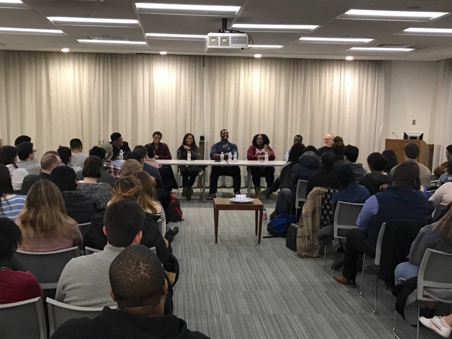 Panel of speakers, fromleft to right: Kendall Lewish, Chris Anderson, Anike Tella-Martins, Manny Adeyeye, Tychelle Graham, and Carl Jean-Pierre.(Courtesy of Kevin Stoltenberg/The Fordham Ram)