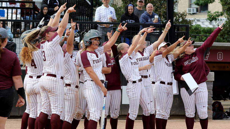 The softball team does their traditional home run celebration (Courtesy of Fordham Athletics).