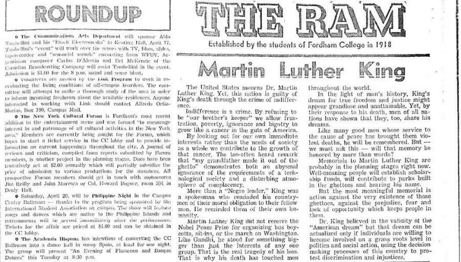 Student member of  Fordhams Society for Afro-American Advancement, Robert Bennett, responded to the assasination of Dr. King. (Courtesy of The Fordham Ram)