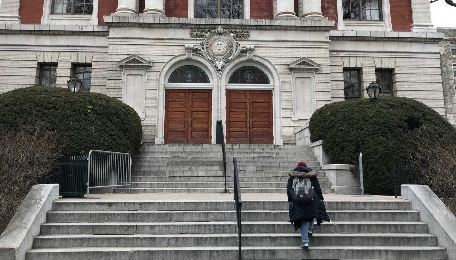 The stairs in and out of Collins Hall prove problematic for some people with disabilities (Kevin Stoltenborg/The Fordham Ram).