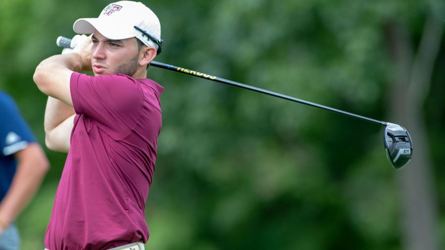 Anthony Wells tees off. He shot a three-round 226, good for a T51 finish (Courtesy of Fordham Athletics).