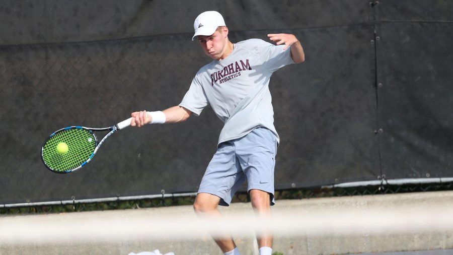 Max Green hits a forehand. He was the Rams’ top performer at Princeton (Courtesy of Fordham Athletics).