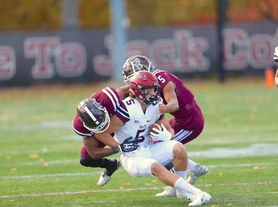 Senior Dylan Mabin and Antonio Jackson making one of their final tackles of Jack Coffey Field (Courtesy of Fordham Athletics).