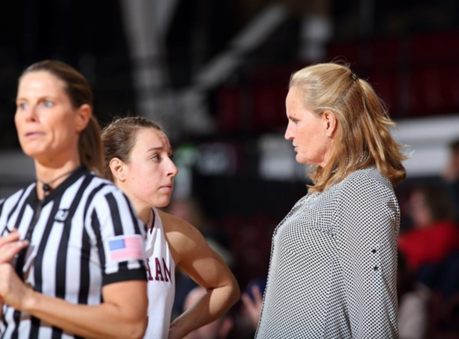 Head coach Stephanie Gaitley talks with Lauren Holden during the game on Tuesday. (Courtesy of Fordham Athletics)