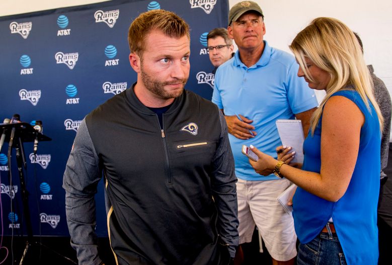 Rams Head Coach Sean McVay, left, finishes up a press conference at training camp on the campus of UCI in Irvine on Thursday, July 27, 2017. (Photo by Paul Rodriguez, Orange County Register/SCNG)