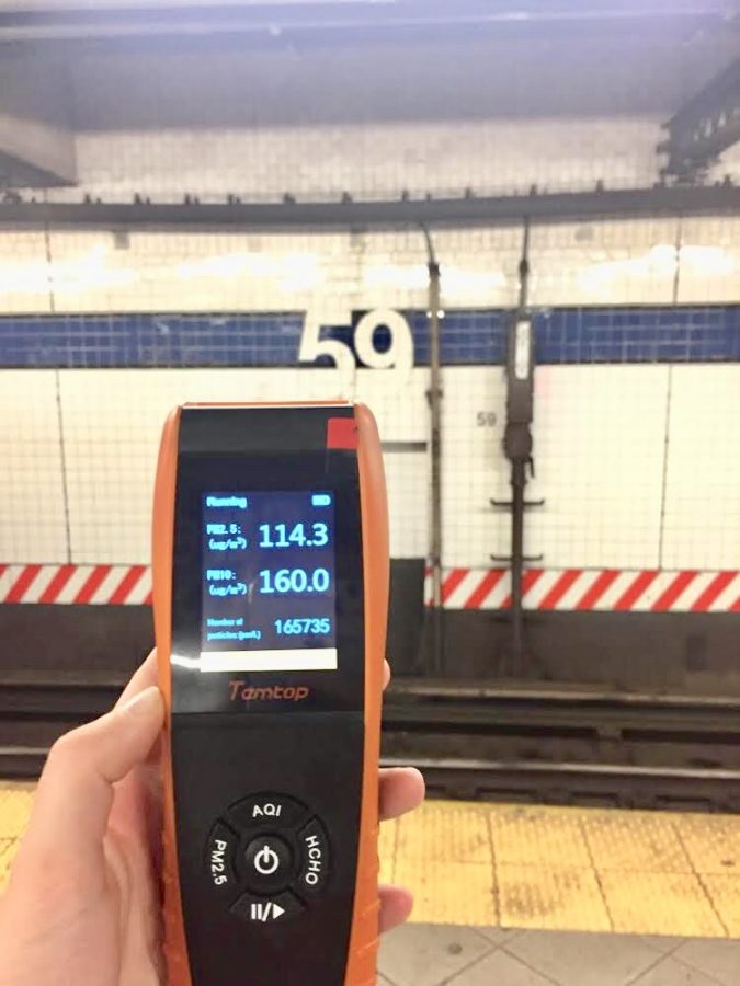 Wards device measures air quality in the subway (Photo Courtesy of Natalie Ward)