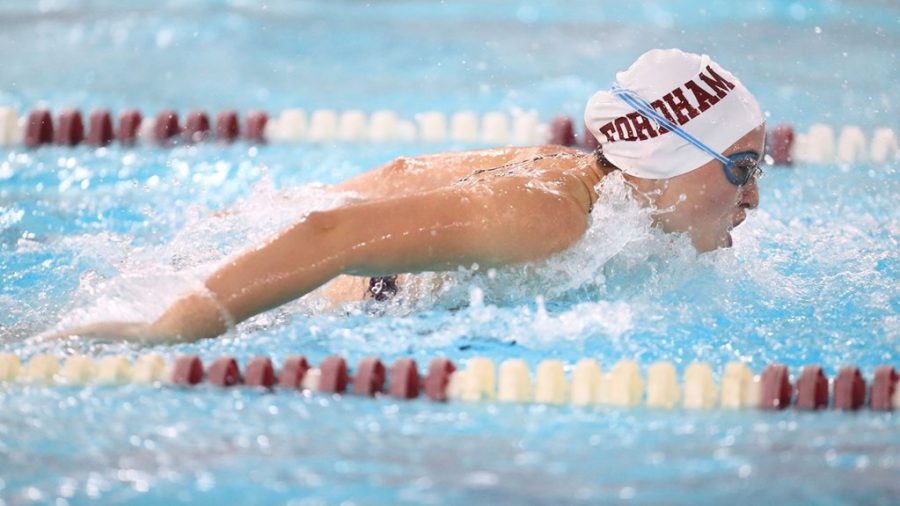 Tara Brunner was front and center for the swim and dive team this past weekend. (Courtesy of Fordham Athletics)