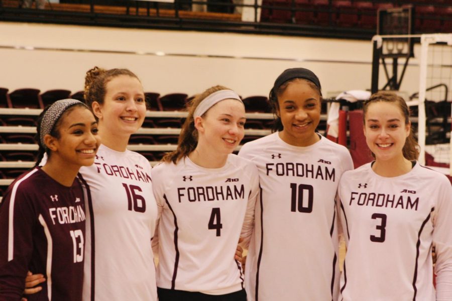 Fordham Volleyball honored five seniors (above) before Saturday’s game. (Alex Wolz/The Fordham Ram)