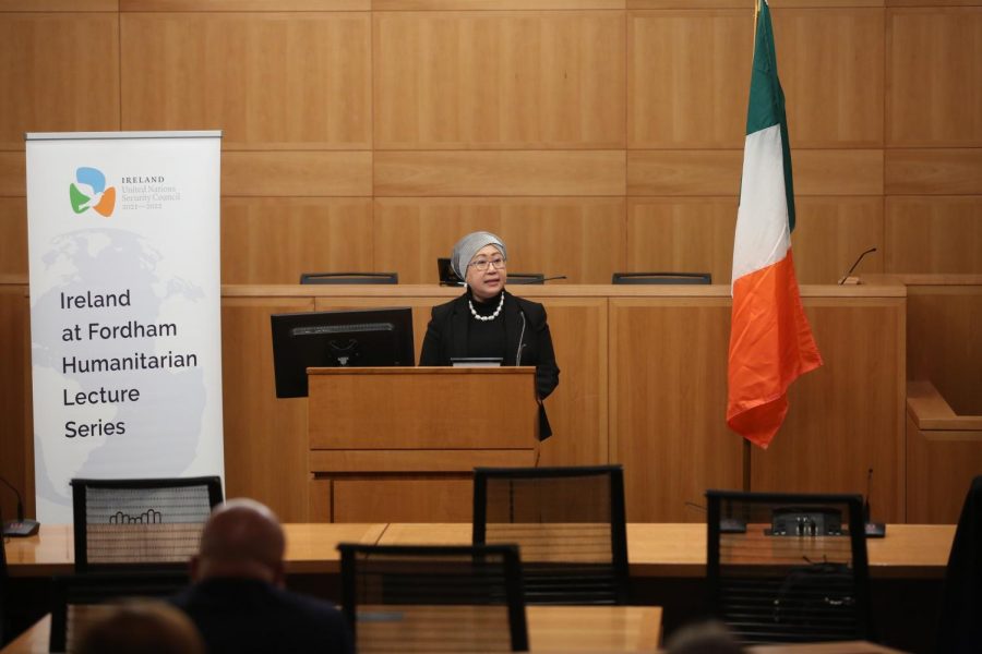 Mahmood, pictured above, spoke as part of the Ireland at Fordham humanitaria Lecture Series. (Courtesy of Bruce Gilbert)