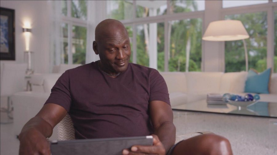 Michael Jordan (above) watches video of Isiah Thomas. This became the leading meme from Sunday nights episodes of The Last Dance. (Courtesy of Twitter)