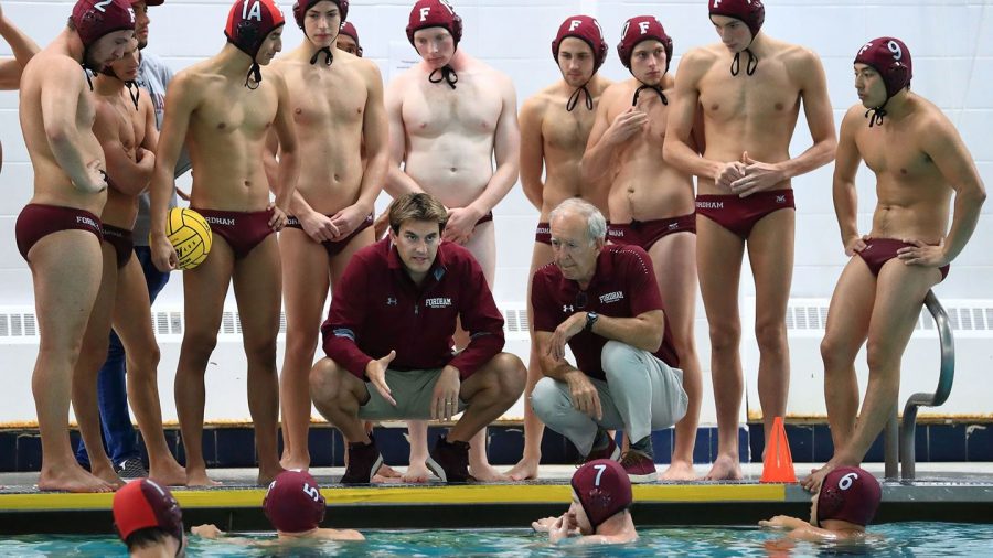 Brian Bacharach (Maroon, at left) will replace Bill Harris (maroon, at right) as Fordhams Water Polo coach. (Courtesy of Fordham Athletics)