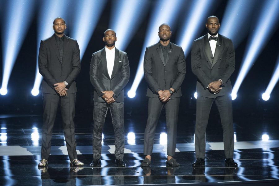 LeBron James, Dwyane Wade, Chris Paul and Carmelo Anthony standing united before speaking their peace at the 2016 ESPY Awards. (Courtesy of Flickr)
