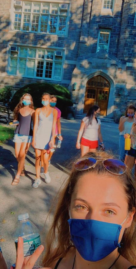 Staff writer Taylor Mascetta walks around campus with freinds all wearing masks. (Courtesy of Taylor Mascetta/ The Fordham Ram)