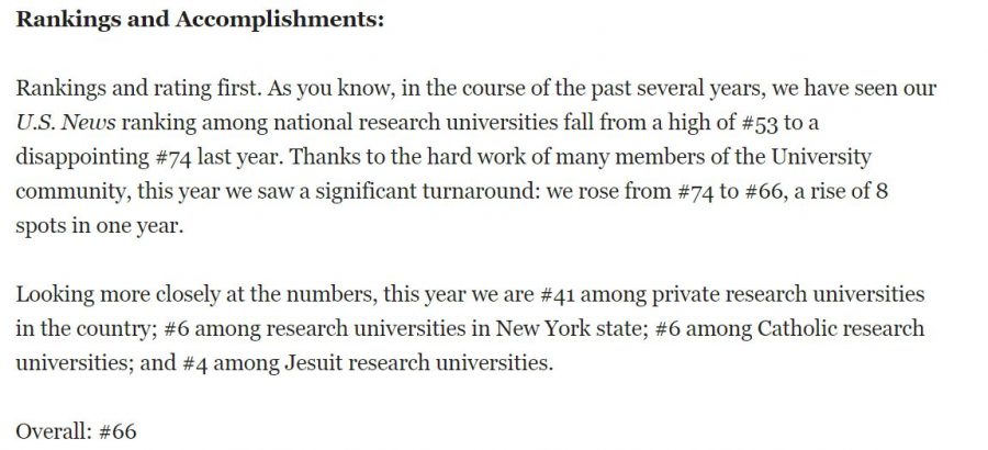 In his email to the community, Father McShane describes how Fordham University has risen 8 spots up on the U.S. News ranking of national research universities. (Mackenzie Cranna/The Fordham Ram)