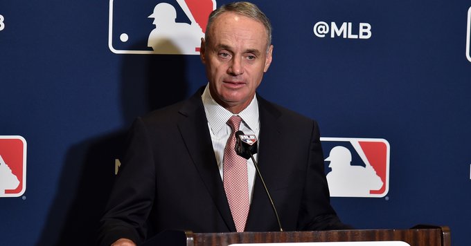 MLB commissioner Rob Manfred (above) made headlines this week, announcing that the sports league was $8.3 billion in debt. (Courtesy of Twitter)
