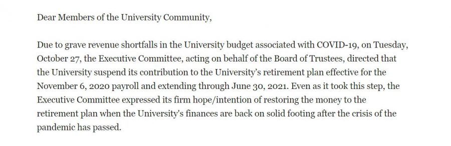 The Executive Committee for Fordham University has decided to suspend all contributions to the university’s faculty and staff retirement plan effective for the Nov. 6, 2020 payroll and extending through June 2021. (Mackenzie Cranna/The Fordham Ram)
