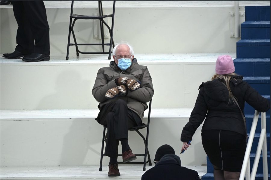 Sen. Bernie Sanders outfit at President Bidens inauguration has become a viral meme. (Courtesy of Twitter)