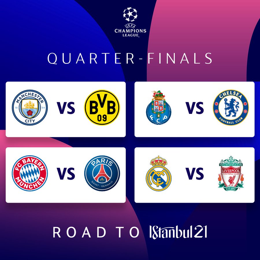 With the quarterfinal draws (shown above), each team will now fight to be one of the last four teams remaining in the Champions League. (Courtesy of Twitter)