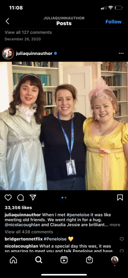 Julia Quinn (center), the author behind the Bridgerton series, poses with cast members of the smash-hit Netflix show. (Courtesy of Instagram)