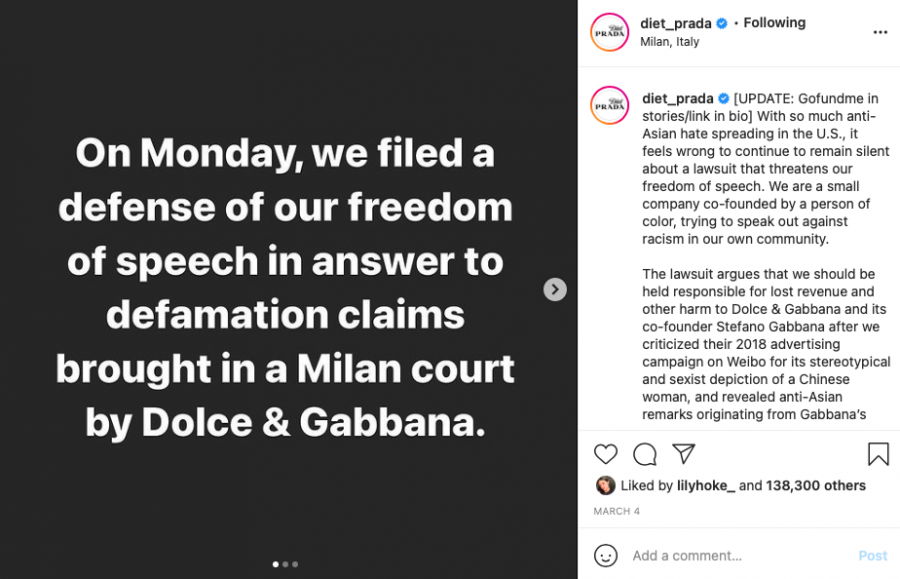 Diet+Prada%2C+a+popular+fashion+watchdog+Instagram+account%2C+revealed+they+are+being+sued+by+Dolce+%26+Gabbana+for+defamation.+%28Courtesy+of+Instagram%29