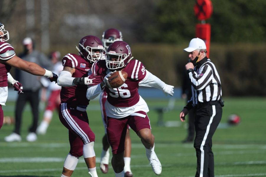 Fordhams defense swarmed Colgate on the day to produce seven turnovers and provide little chance of success for the Raiders. (Courtesy of Fordham Athletics)