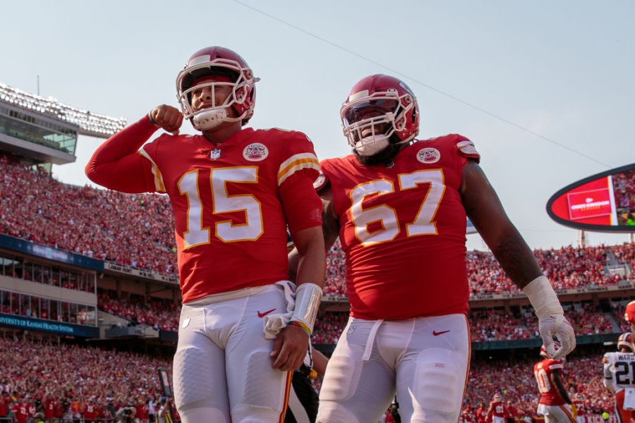 Patrick Mahomes (left) was one of fantasy footballs top performers in week four after throwing five touchdowns against the Eagles. (Courtesy of Twitter)