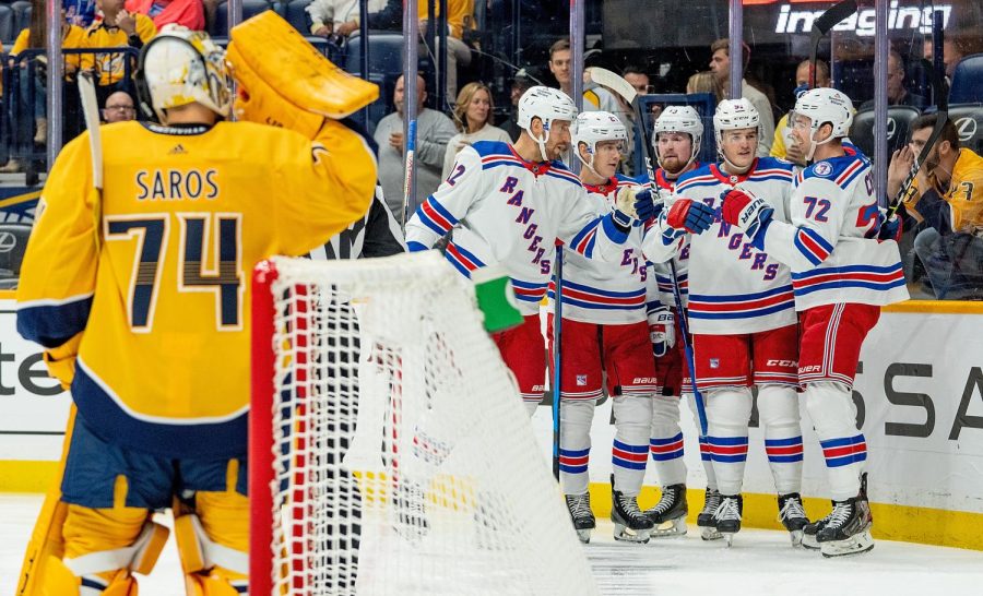 The Rangers celebrate Filip Chytil’s goal in the first period. (Courtesy of Twitter)