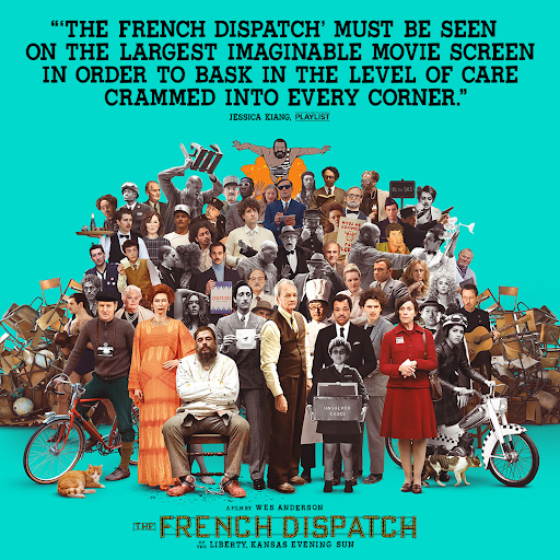 Wes Anderson’s latest film “The French Dispatch” features a host of familiar faces, all of whom lend vibrancy to his carefully crafted art film. (courtesy of Twitter)