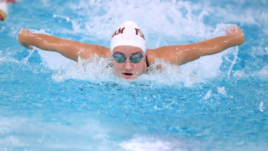 The womens swimming and diving team beat Georgetown University in a convincing 198-94 win (courtesy of Fordham Athletics).