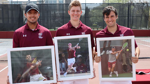 Seniors (left to right) Juan Paredes, Tom Russwurm and Jofre Segarra finished their Hawthorn-Rooney Tennis Court careers on a high note with a 6-1 victory over Holy Cross. (Courtesy of Fordham Athletics)