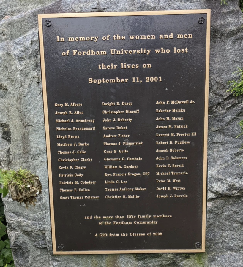 Fordhams 9/11 memorial garden is an unusually peaceful place on campus. (Courtesy of Instagram)