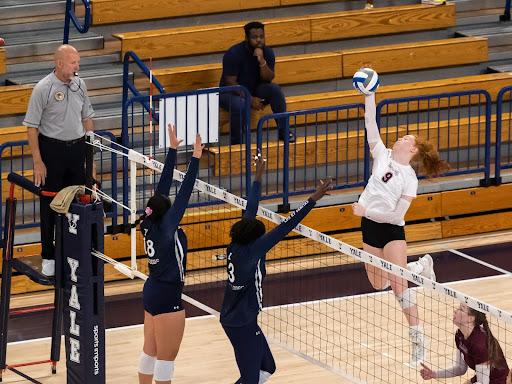 Freshman Audrey Brown gets up for the kill at Yale last Saturday. (Courtesy of Fordham Athletics)