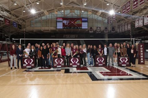 Fordham Volleyball honored five seniors before Saturday’s match. (Courtesy of Fordham Athletics)
