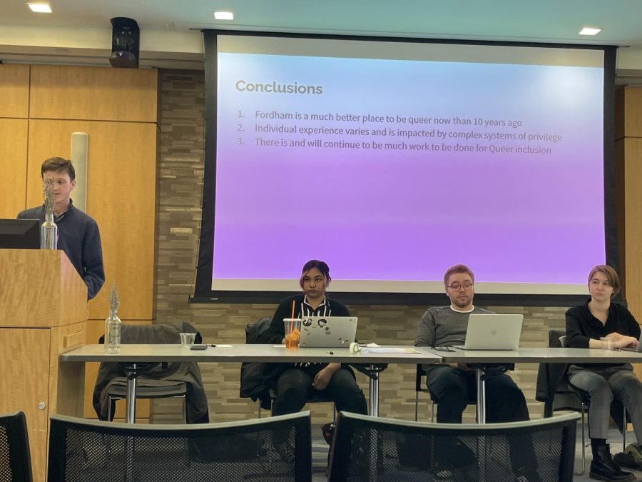 On March 30, a group of students presented the results from a survey of over 300 LGBTQ+ Fordham students. (Courtesy of Benedict Reilly for The Fordham Ram)