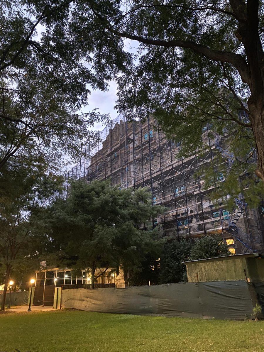The renovations to Loyola Halls exterior have resulted in the presence of scaffolding on the south and east sides of the building, according to Clency’s email to residents. (Courtesy of Lauren Lombardi/The Fordham Ram)