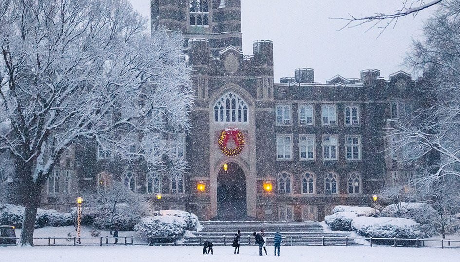 Keating Hall, a staple Fordham building, pictured in the winter time. (Courtesy of Instagram)